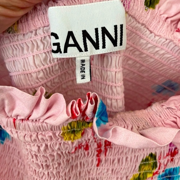 GANNI | Smocked Pink Floral Midi Dress, Size FR 34/US 2 100% Cotton - Picture 10 of 14